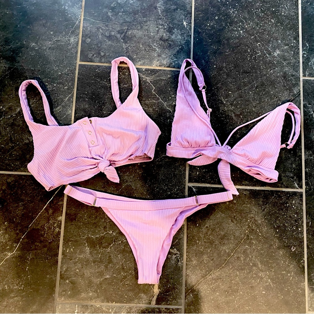 Beach Bunny Ribbed Sage Bikini Lavender. Two tops and one bottom.